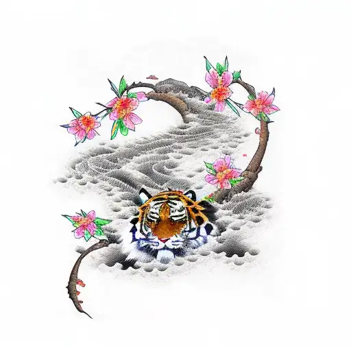  Tiger  Crane Rocks and Water Cherry blossoms tattoo design idea