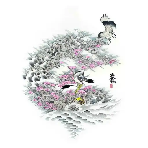 Tiger  Japanese Crane Rocks and Water Cherry blossoms tattoo design idea