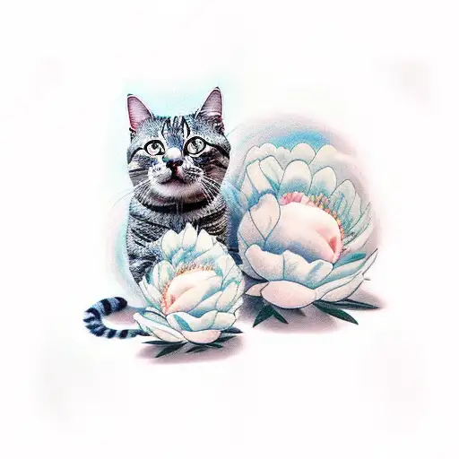 cat butts with peonies  tattoo design idea