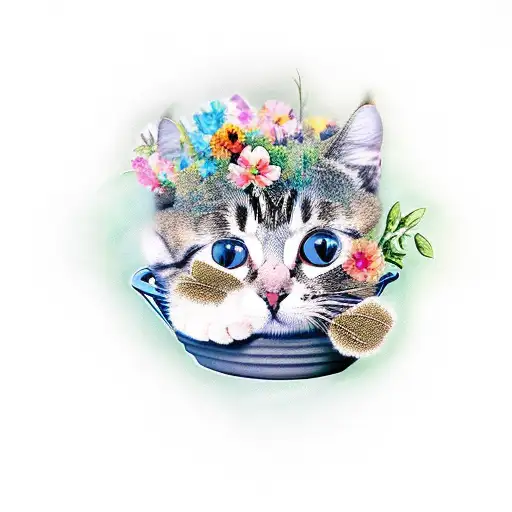 cats in flower pot tattoo design idea