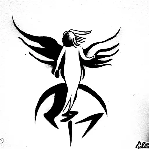 create an image of an angel who is turning into a devil as he ascends into the sky, make the image have a cloudy but ang tattoo design idea