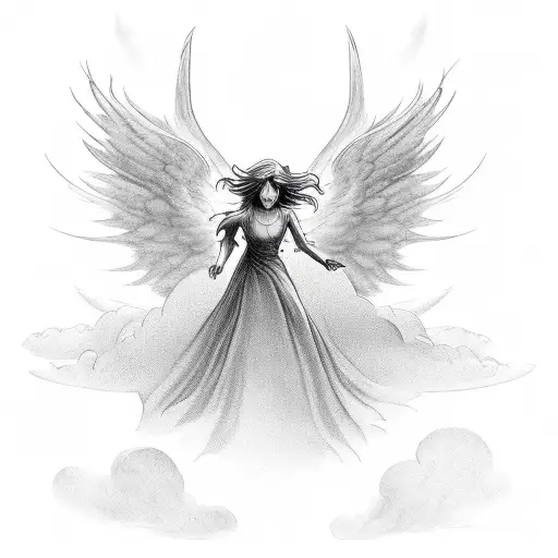 create an image of an angel who is turning into a devil as he ascends into the sky, make the image have a cloudy but ang tattoo design idea