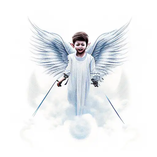 create an image of an angel who is turning into a devil as he ascends into the sky, make the image have a cloudy but ang tattoo design idea