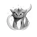An arm sleeve of Toothless from how to train your dragon mixed with a Fibonacci spiral that has blue highlights  tattoo design idea