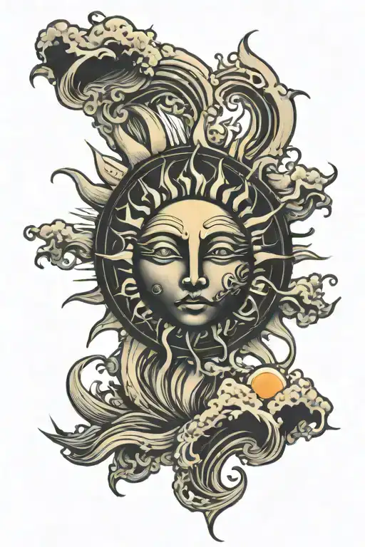 mystical Sun with face and wave breaking in front tattoo design idea