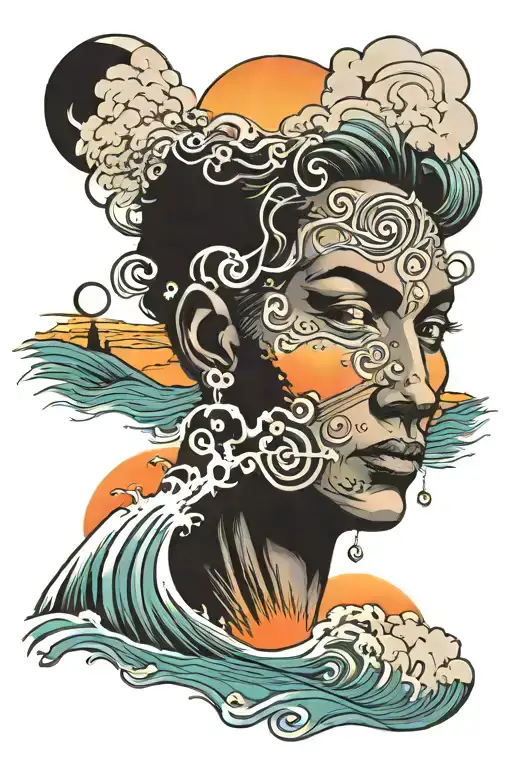 mystical Sunset with face and wave breaking in front  tattoo design idea