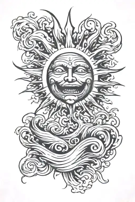 Sun with face and wave breaking in front tattoo design idea