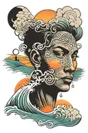 mystical Sunset with face and wave breaking in front  tattoo design idea