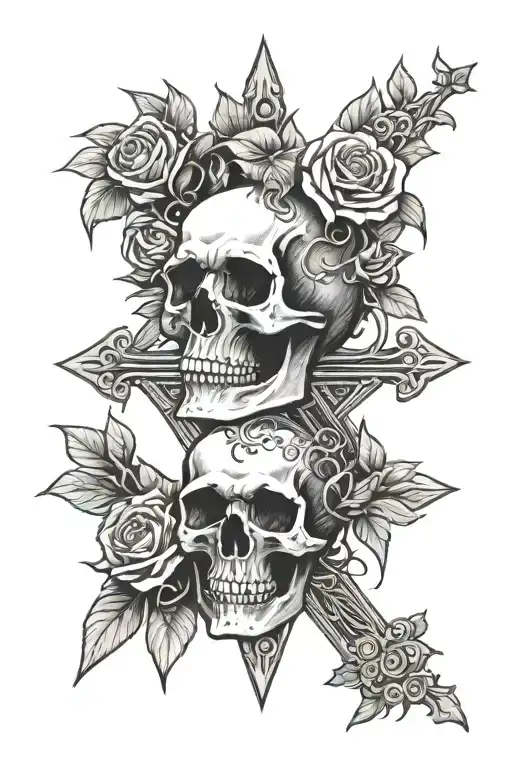 skull and cross surrounded by roses with thorns wrapping tattoo design idea