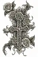 cross surrounded by roses with barbwire and vines wrapping tattoo design idea
