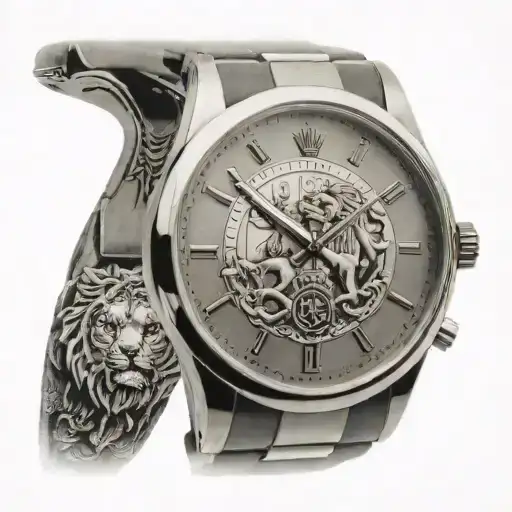 A sleek Rolex watch with intricate Mallorca landmarks and two lions standing guard on either side tattoo design idea