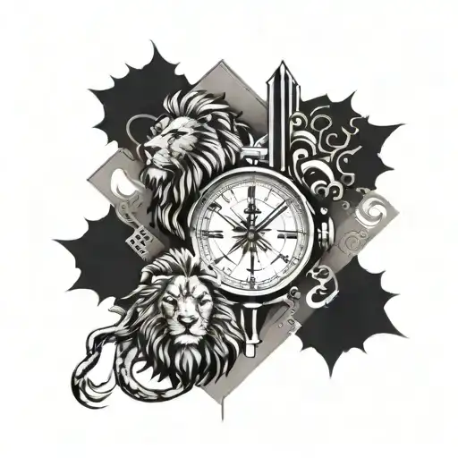 An abstract fusion of a compass, Rolex watch, Mallorca motifs, and two lions in a blackwork design tattoo design idea