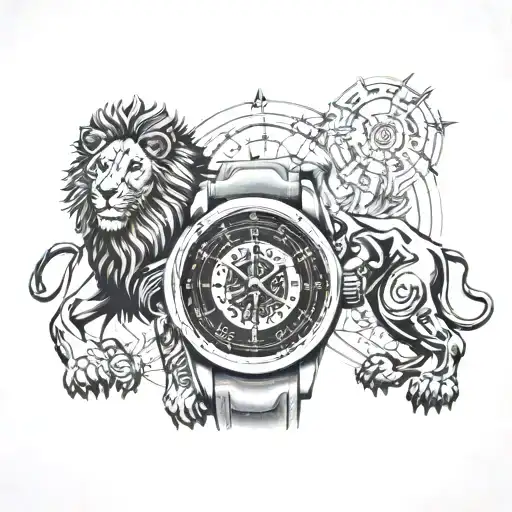 An abstract fusion of a compass, Rolex watch, Mallorca map, and two lovely lions tattoo design idea