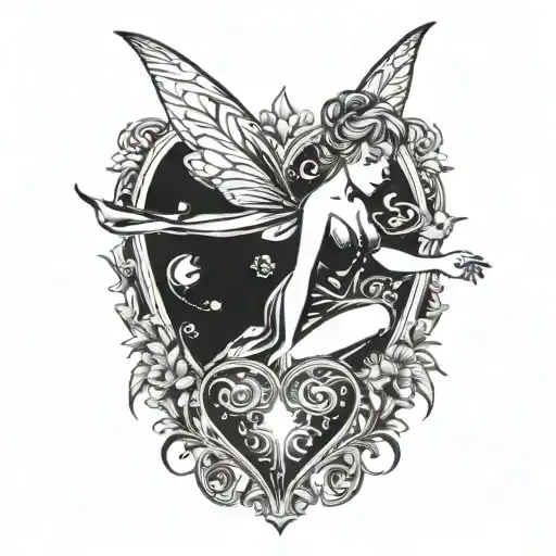 Tinker bell with flare lighting kissing a heart shape tattoo design idea