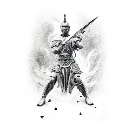 warrior full body holding weapon facing artist, looking menacing but also peaceful, in a garden tattoo design idea