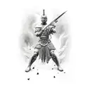 warrior full body holding weapon facing artist, looking menacing but also peaceful, in a garden tattoo design idea