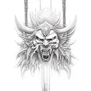 warrior full body holding weapon facing artist, looking menacing but also peaceful, in a garden tattoo design idea