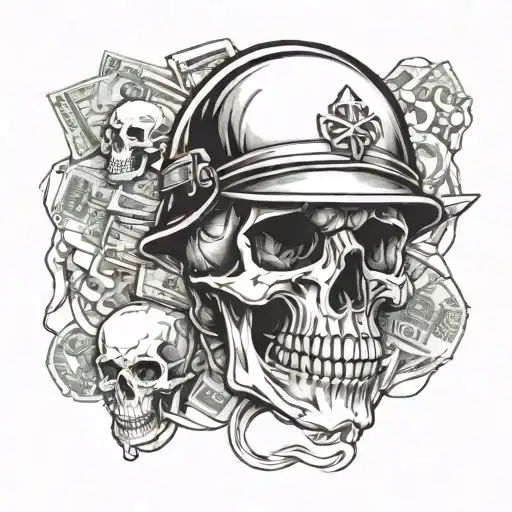 A skull wearing a military helmet surrounded by swirling money and army gear tattoo design idea