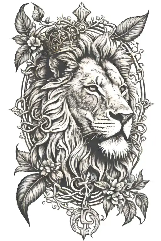 lion head with crown, cross, tree of life intertwined tattoo design idea