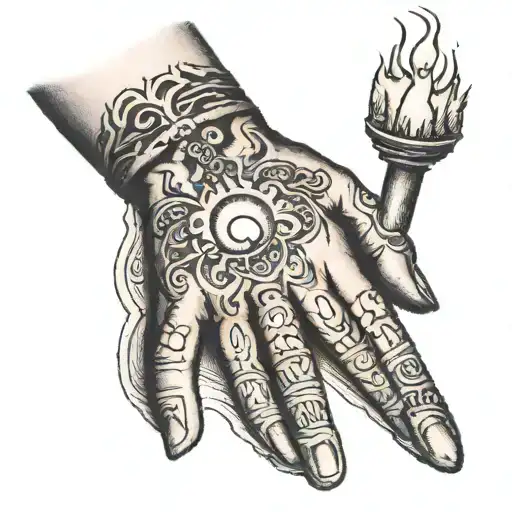 hand tattoo of a trail stick portrait of a Norse god illuminated by the candlight feom candles tattooed on my fingers tattoo design idea