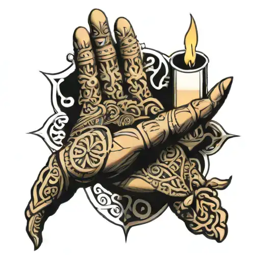 super detailed Celtic style hand tattoo featuring a god on the back of my palm and on my fingers lit candles tattooed  tattoo design idea