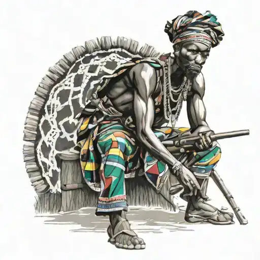 full body shot of Yaa Asantewaa wearing traditional kente clothing from 1880’s, holding a long rifle in realism art tattoo design idea