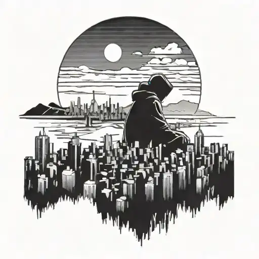 A silhouette of a hooded figure overlooking a panoramic city view tattoo design idea
