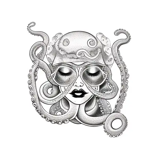 girl head with octopus tattoo design idea