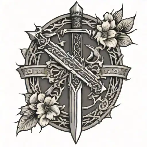 sword with crown of thorns around the guard with cherry blossoms behind it tattoo design idea