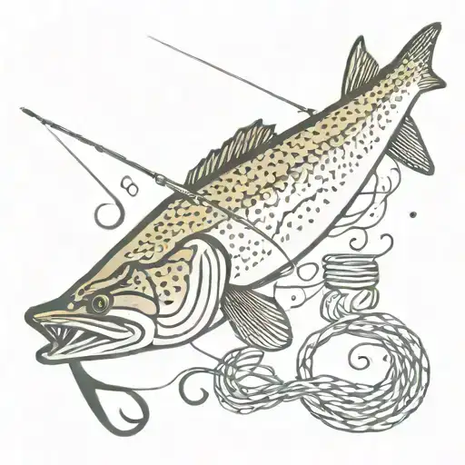 a pike with the letters SCF and a fishing line with a hook tattoo design idea