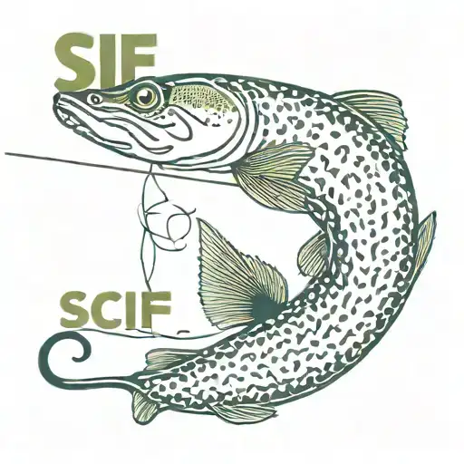 a pike with the letters SCF written underneath, the pike is reaching for a fishing line with a hook tattoo design idea