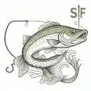 a pike with the letters SCF and a fishing line with a hook tattoo design idea