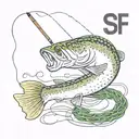 a pike with the letters SCF and a fishing line with a hook tattoo design idea