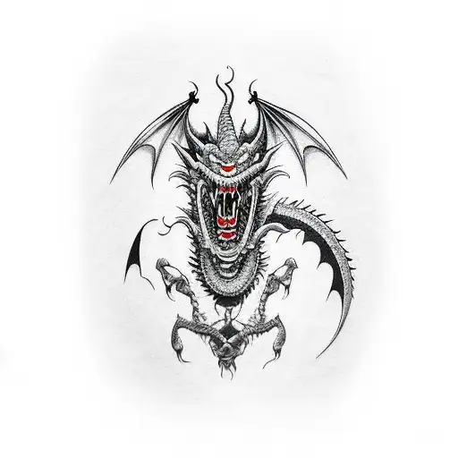 red dragon around whole arm, with japanese samurai and japense demon oni in black tattoo design idea
