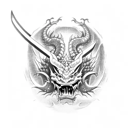 red dragon around whole arm, with japanese samurai and japense demon oni in black tattoo design idea