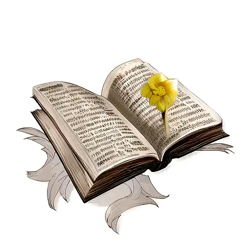 A realistic portrait of a daffodil and rose blooming from an open book tattoo design idea