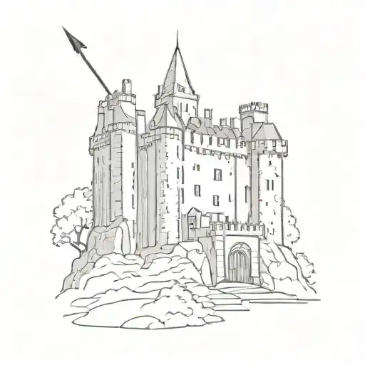 A black-grey sketch of a Scottish castle silhouette with a bow and arrow shooting out tattoo design idea
