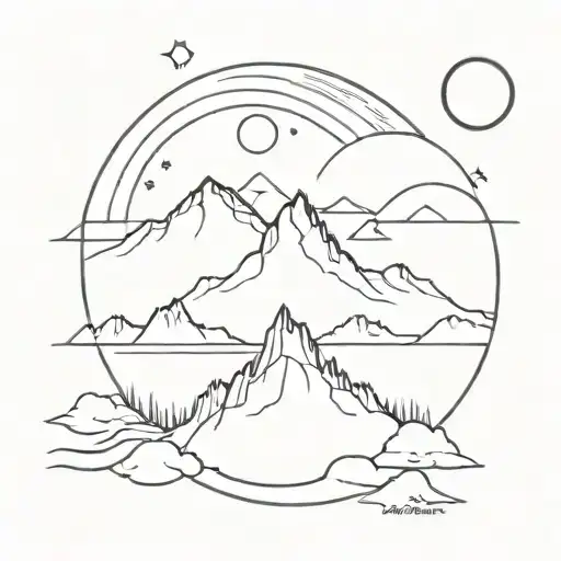 create a linework tattoo with mountains, ocean, and write an artistic number 13 and the years 2001 or 2005, black  tattoo design idea