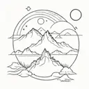 create a linework tattoo with mountains, ocean, and write an artistic number 13 and the years 2001 or 2005, black  tattoo design idea