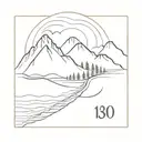 create a linework tattoo with mountains, ocean, and write an artistic number 13 and the years 2001 or 2005, black  tattoo design idea