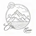 create a linework tattoo with mountains, ocean, and write an artistic number 13 and the years 2001 or 2005, black  tattoo design idea