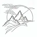 create a linework tattoo with mountains, ocean, and write an artistic number 13 and the years 2001 or 2005, black  tattoo design idea