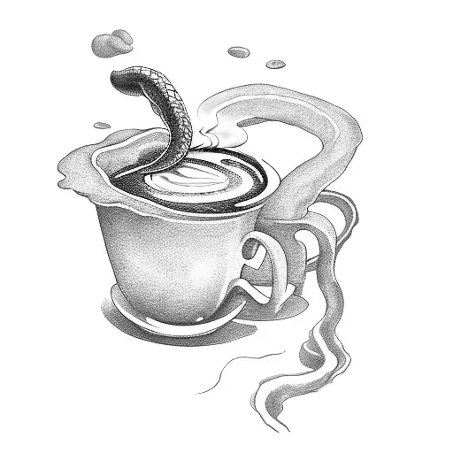 A dramatic scene of a barista brewing coffee with a snake wrapped around their arm tattoo design idea