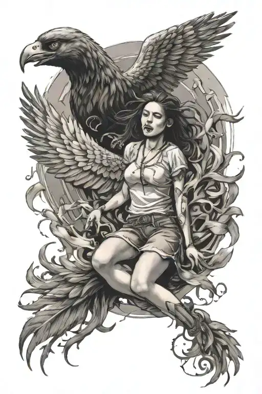 The girl is falling next to the flying phoenix tattoo design idea