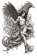 The girl is falling next to the flying phoenix tattoo design idea