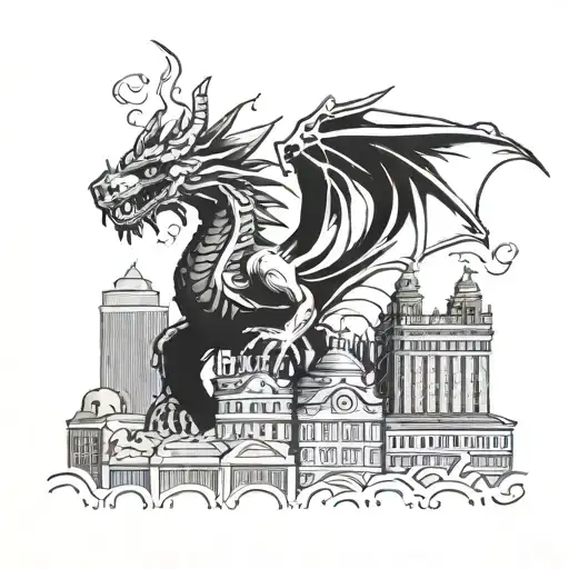 A fierce dragon breathing fire with the Liverpool skyline in the background tattoo design idea