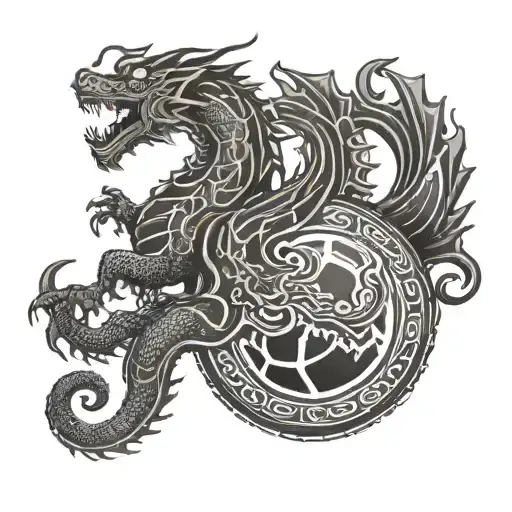 An intricate Asian dragon coiled around a Liverpool football crest tattoo design idea