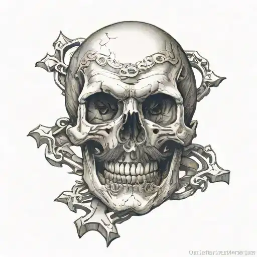 A skull from the front with a mustache with two bones in the shape of a cross tattoo design idea