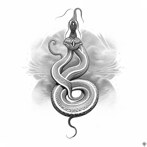 Generate an image depicting a sleek, sinuous snake coiled around a gleaming dagger. The snake should have vibrant, iride tattoo design idea
