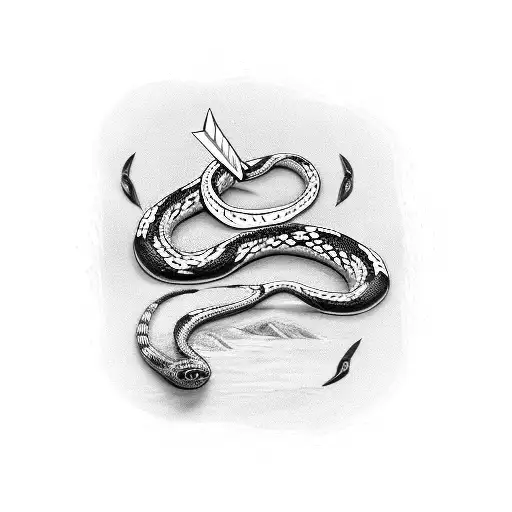 Generate an image of a snake wrapped around a dagger. Make the snake look sleek and the dagger shiny. tattoo design idea